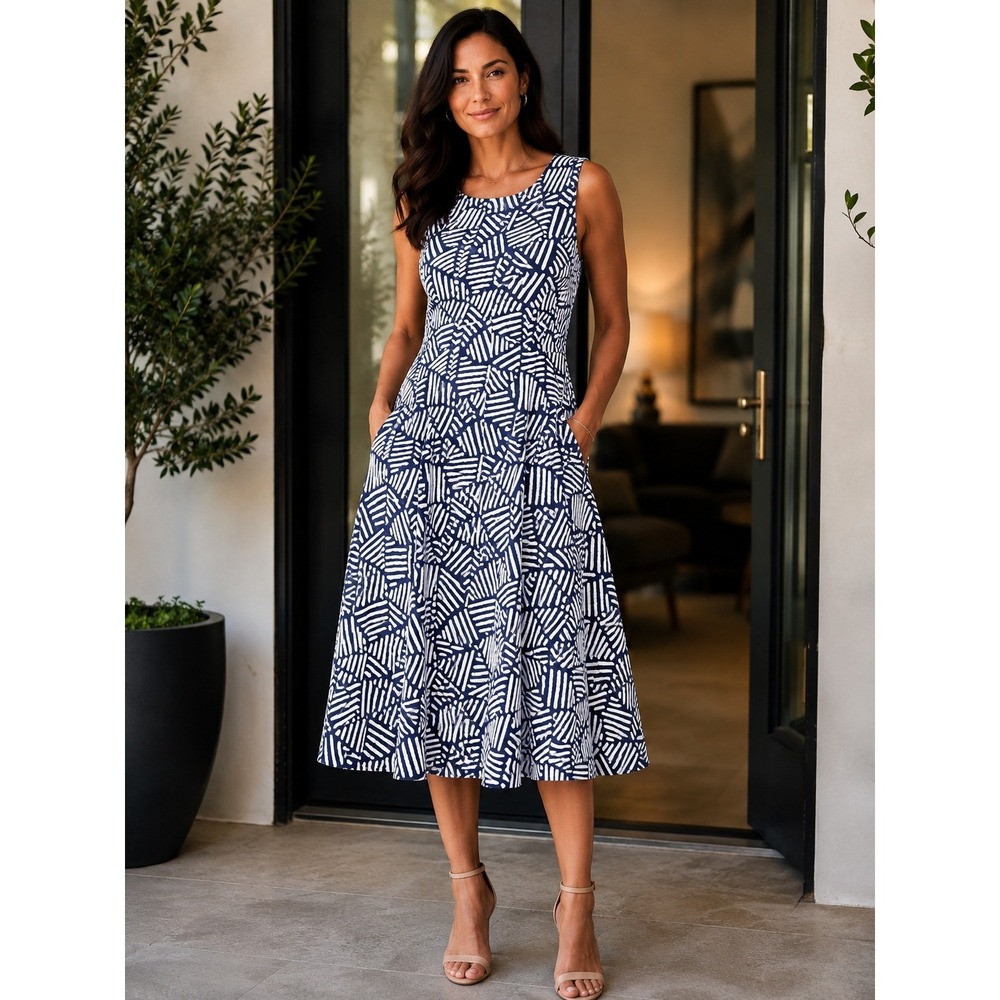 Joie Dress Womens 10 Navy Blue Midi Fit & Flare Sleeveless Pockets Chic Resort